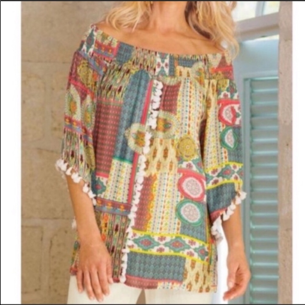 Soft Surroundings off shoulder tassel blouse